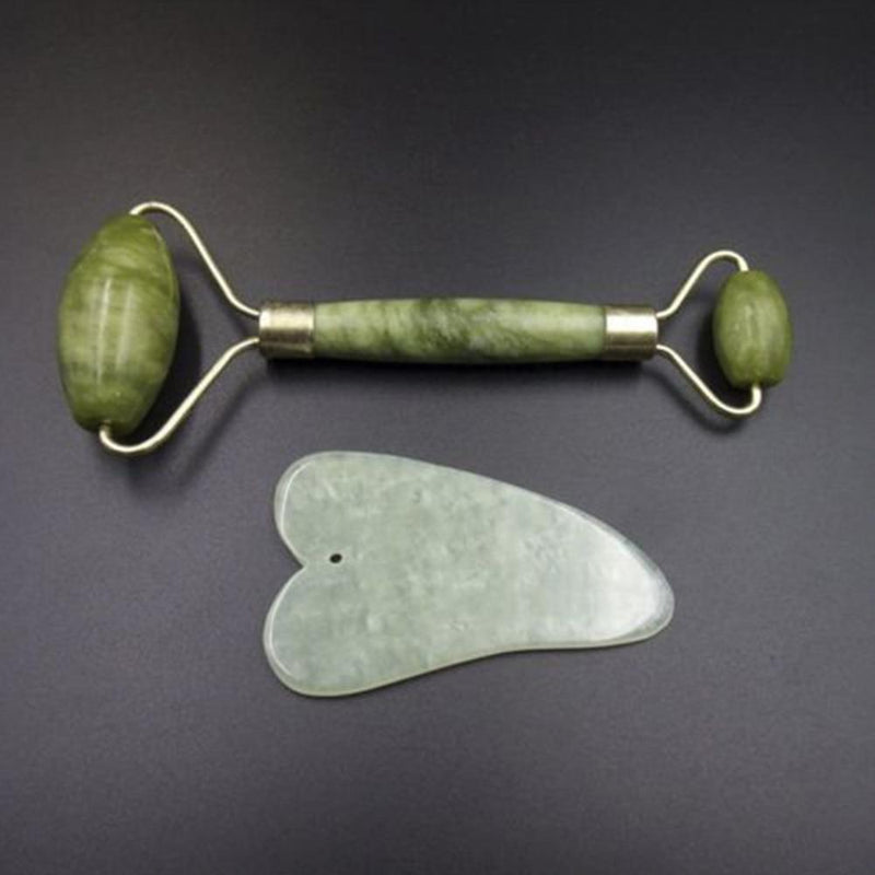 2 in 1 Green Roller and Gua Sha Tools Set by Natural Jade Scraper Massager with Stones for Face Neck Back and Jawline - GoJohnny437