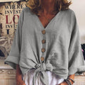 2020 Summer Fashion Blouse Women Long Sleeve Shirt Casual Cotton Linen Tops Sexy V Neck Buttons Down Knot Tunic Plus Size - GoJohnny437