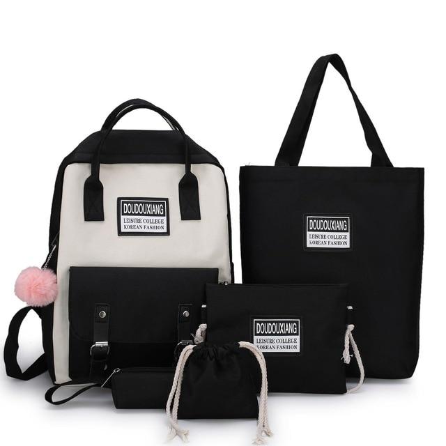 5 Piece Set High School backpack Bags for Teenage Girls 2020 Canvas Travel Backpack Women Bookbags Teen Student Schoolbag - GoJohnny437
