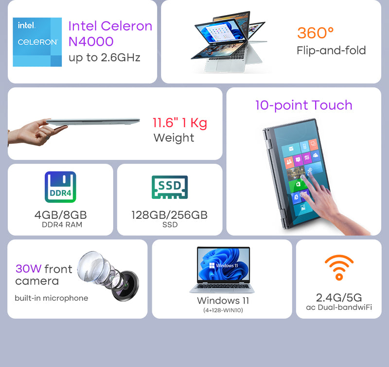 Windows 11 Notebook 11.6" Touch Screen Laptop 8GB RAM 256GB SSD 360° Flip Intel Celeron N4000