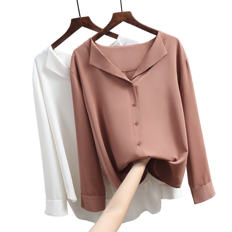Casual Solid Female Shirts Outwear Tops 2020 Autumn New Women Chiffon Blouse Office Lady V-neck Button Loose Clothing - GoJohnny437