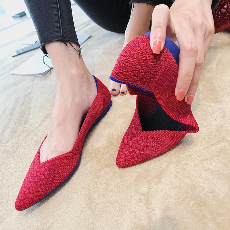 Color Casual Women Soft Shoes Breathable Knit Pointed Shoes Women's Flat Shoes Ballet Single Shoes Comfortable Shoes - GoJohnny437