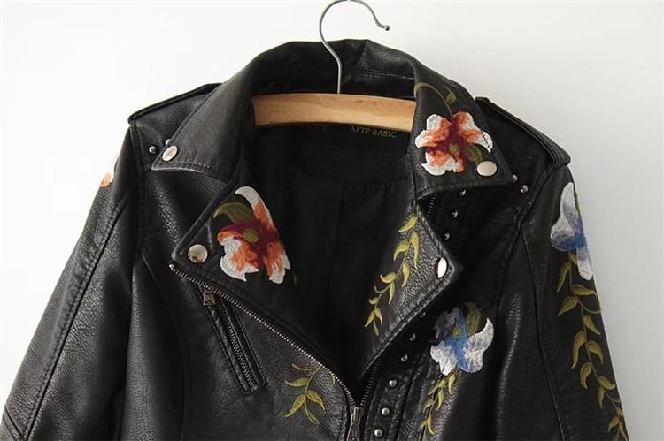 Embroidery faux leather PU Jacket Women Fashion Motorcycle Jacket Black faux leather coats Outerwear - GoJohnny437