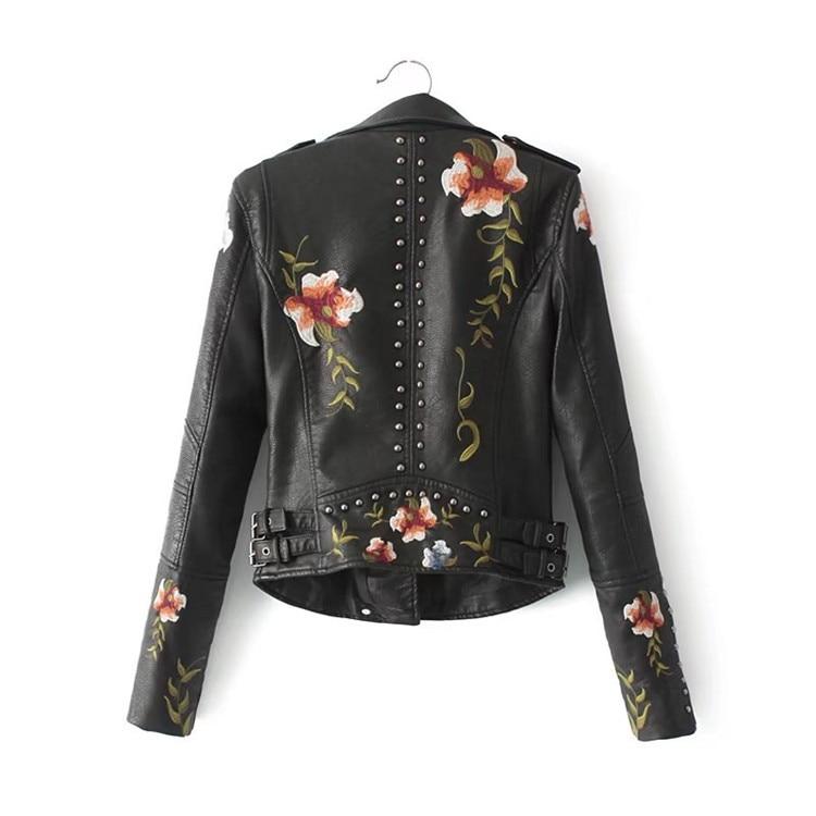 Embroidery faux leather PU Jacket Women Fashion Motorcycle Jacket Black faux leather coats Outerwear - GoJohnny437