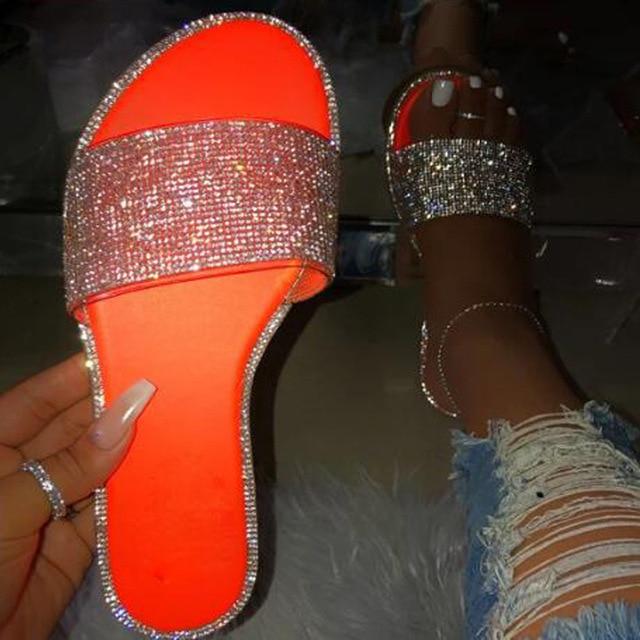 Glitter Slippers Women Summer Sandals Fashion Bling Female Candy Color Flip Flops Beach Diamond Flat Shoes Outdoor Sandals - GoJohnny437