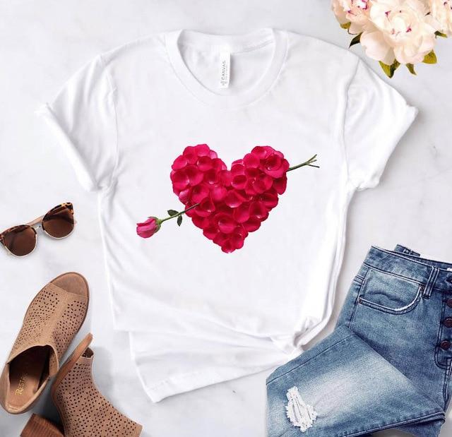 Heart flower print ladies T-shirt ladies O-collar white shirt short sleeve ladies T-shirt love graphic printing - GoJohnny437