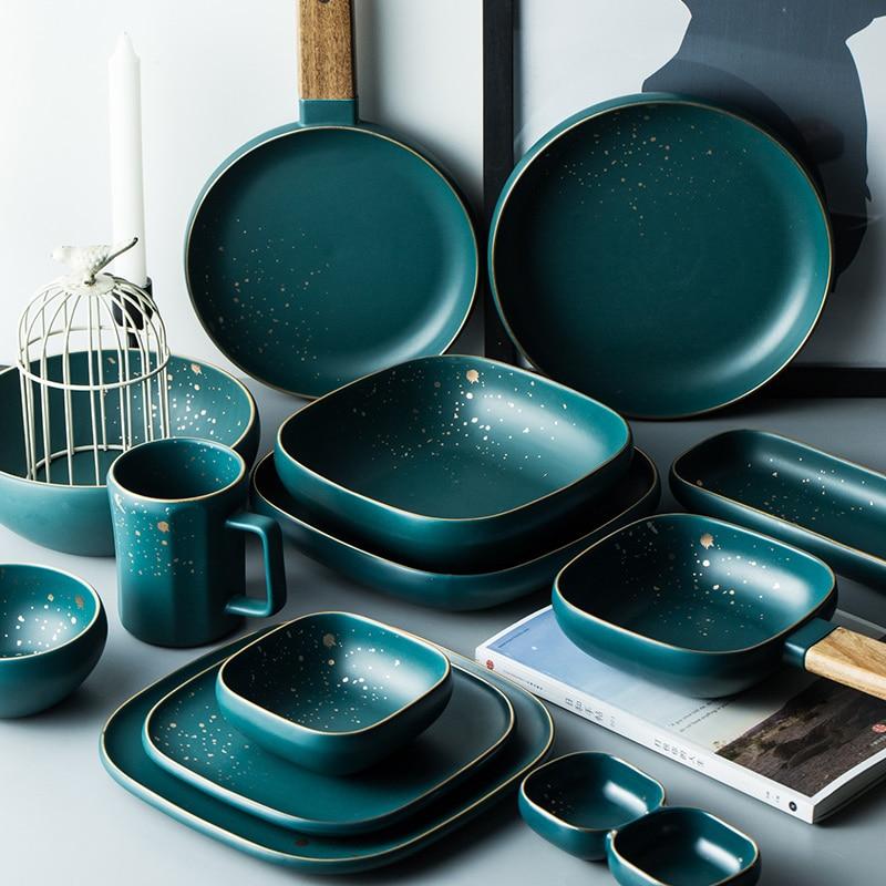 High Fashion Retro Green Nordic Ceramic Tableware Set Dinnerware Set Bowl Plate Soup Bowl Set Modern Style High-end - GoJohnny437