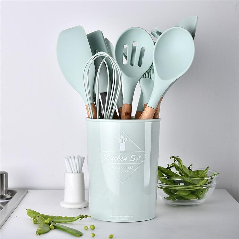 Light Green Silicone Cooking Utensils Set Non-stick Spatula Shovel Wooden Handle Cooking Tools Set with Storage Box Kitchen Tool - GoJohnny437