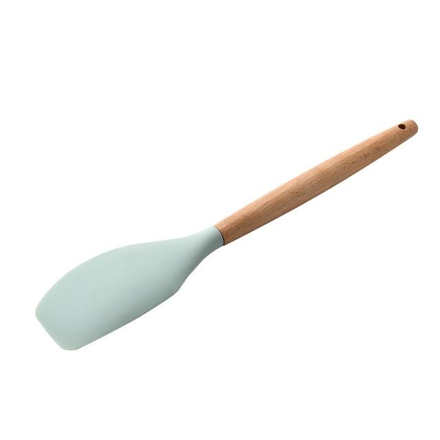 Light Green Silicone Cooking Utensils Set Non-stick Spatula Shovel Wooden Handle Cooking Tools Set with Storage Box Kitchen Tool - GoJohnny437
