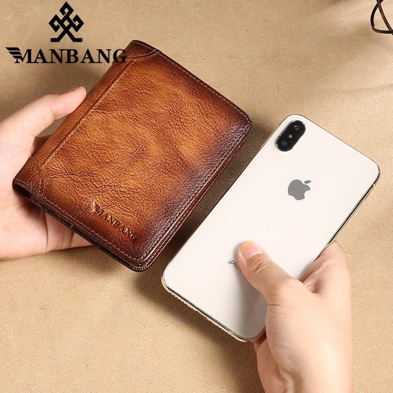 ManBang 2020 New 100% Genuine Leather Men Wallet Small Mini Card Holder Male Walet Pocket Retro purse High quatily - GoJohnny437