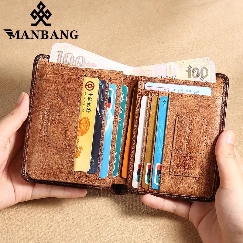 ManBang 2020 New 100% Genuine Leather Men Wallet Small Mini Card Holder Male Walet Pocket Retro purse High quatily - GoJohnny437