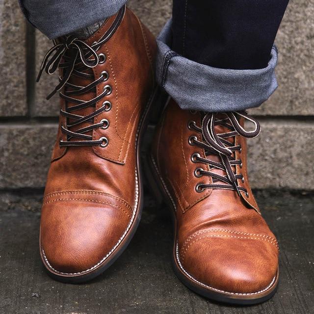 Masorini Men Leather Lace-up Men Shoes High Quality Men Vintage Military Boots Autumn Winter Plus - GoJohnny437