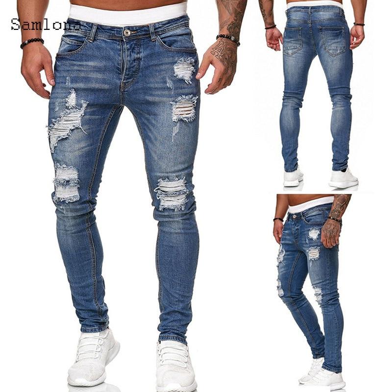 Mens Fashion Skinny Denim Pant Male 2020 Hole Ripped Pants Streetwear Male Denim Jeans Blue Grey Pencil Trousers - GoJohnny437