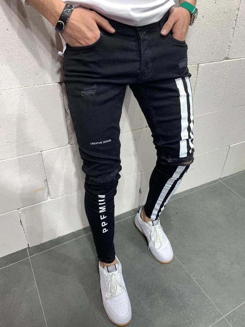 Men's Ripped Elastic Small Feet Black Blue Color Jeans Striped Letters Printing Men's Jean Pants Hip Hop - GoJohnny437
