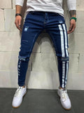 Men's Ripped Elastic Small Feet Black Blue Color Jeans Striped Letters Printing Men's Jean Pants Hip Hop - GoJohnny437