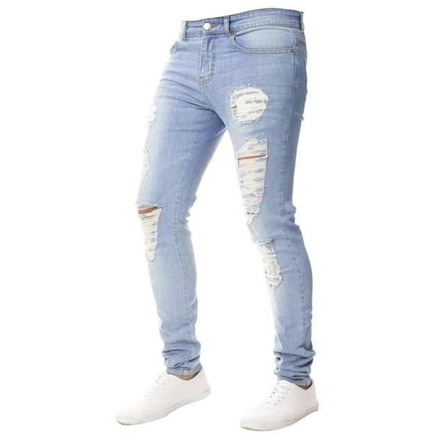 Mens Skinny Jeans Men Ripped Jeans Slim Fit Denim Pants Zipper Pencil Pants Trousers - GoJohnny437