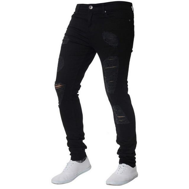 Mens Skinny Jeans Men Ripped Jeans Slim Fit Denim Pants Zipper Pencil Pants Trousers - GoJohnny437