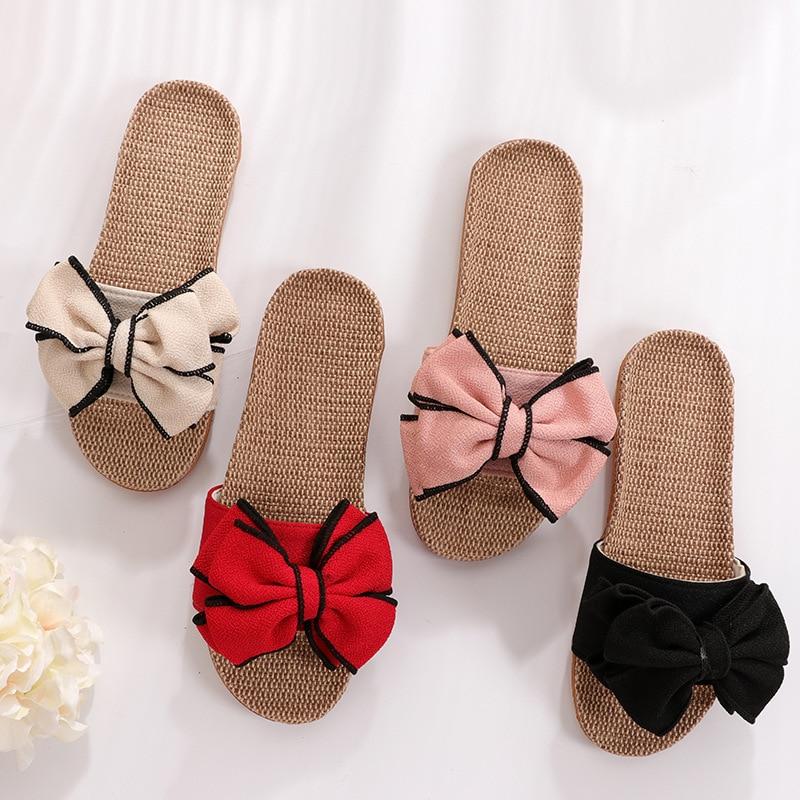 New Casual Sneakers For Home Slippers Summer Bow-knot Soft Floor Woman Indoor Flats Shoes Cute Linen Slipper - GoJohnny437