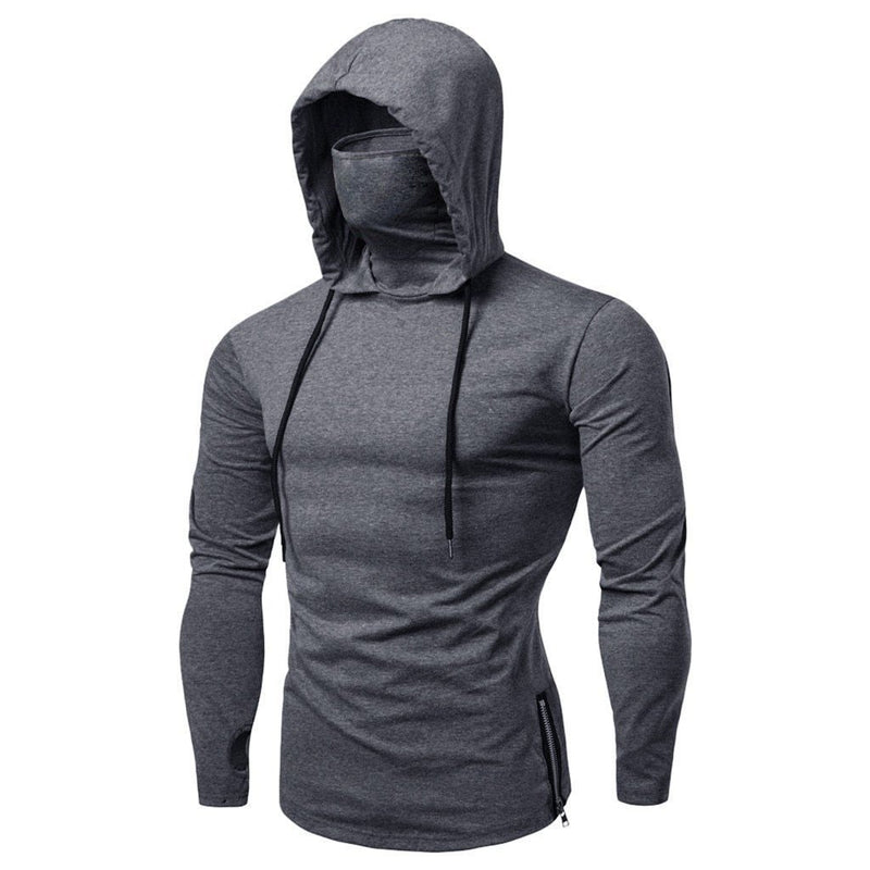 Pure color slim Mens Hoodies Mask Button Sports Hooded Splice Large Open-Forked Male Long Sleeve Shirts Pullovers Tops - GoJohnny437