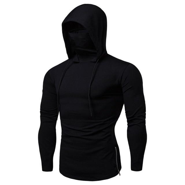 Pure color slim Mens Hoodies Mask Button Sports Hooded Splice Large Open-Forked Male Long Sleeve Shirts Pullovers Tops - GoJohnny437