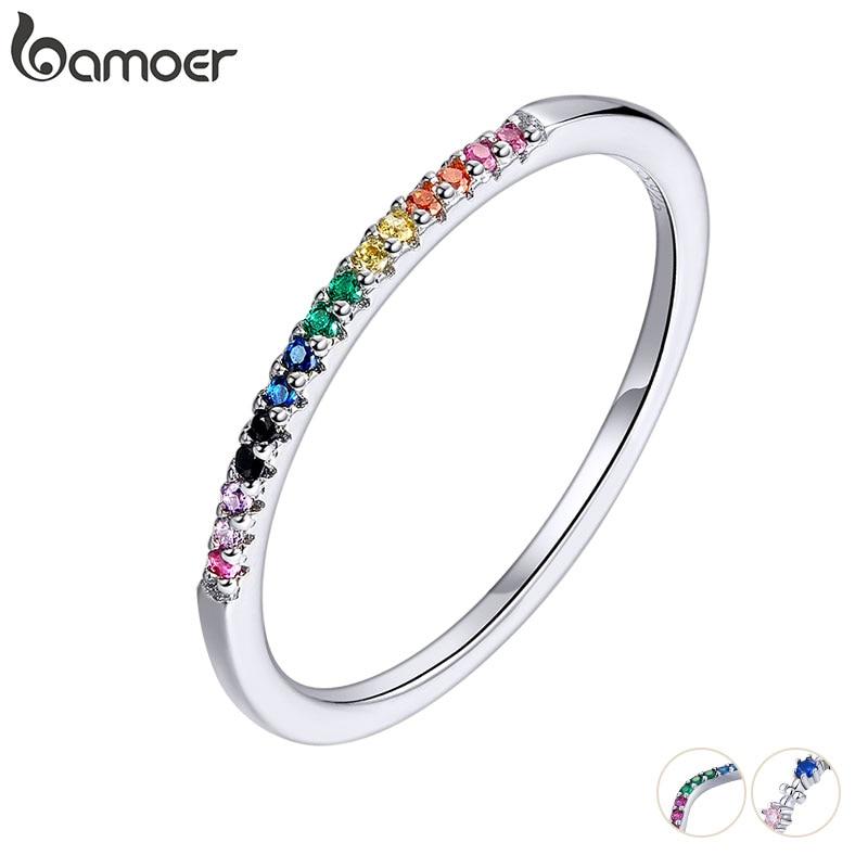 Rainbow Color CZ Finger Rings for Women Stackable Wedding Statement Authentic Sterling Silver 925 Jewelry SCR583 - GoJohnny437