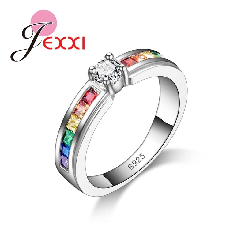Real 925 Sterling Silver Various Colors Round Colorized Crystal Women Wedding Rings Fashion Jewelry Accessories - GoJohnny437