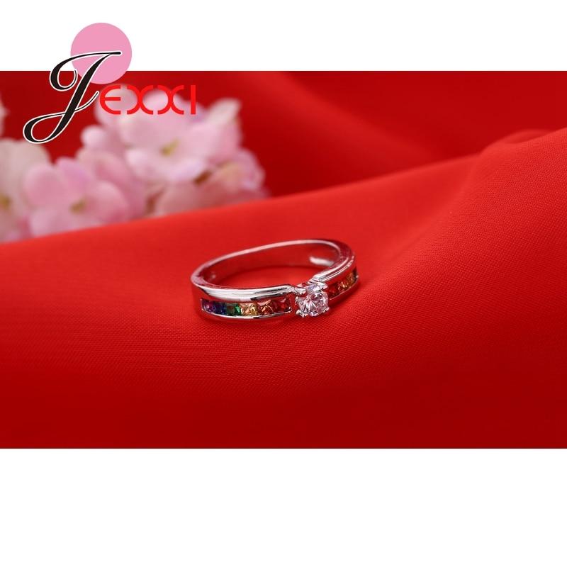 Real 925 Sterling Silver Various Colors Round Colorized Crystal Women Wedding Rings Fashion Jewelry Accessories - GoJohnny437