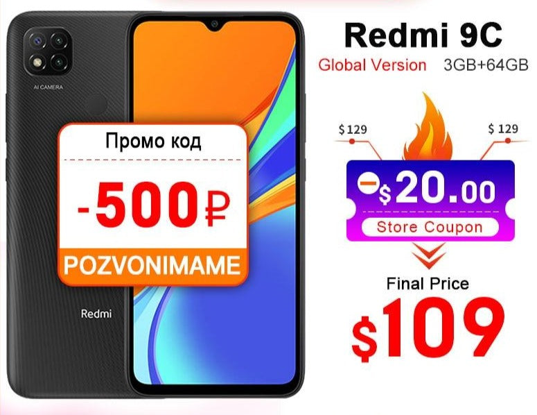 Redmi 9C Mobile Phone 9C 3GB RAM 64GB ROM MediaTek Helio G35 6.53" 5000mAh 13MP Camera Smartphone - GoJohnny437