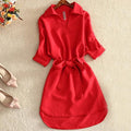 Shirts Women Summer Casual Dress Fashion Office Lady Solid Red Chiffon Dresses For Women Sashes Tunic Ladies - GoJohnny437