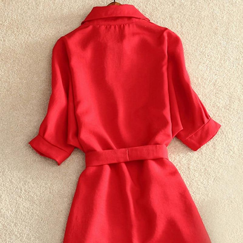 Shirts Women Summer Casual Dress Fashion Office Lady Solid Red Chiffon Dresses For Women Sashes Tunic Ladies - GoJohnny437