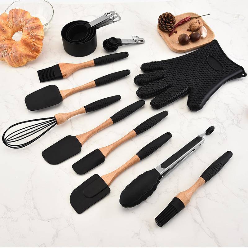 Silicone Wood Turner Soup Spoon Spatula Brush Scraper Pasta Gloves Egg Beater Kitchen Cooking Tools Kitchenware - GoJohnny437