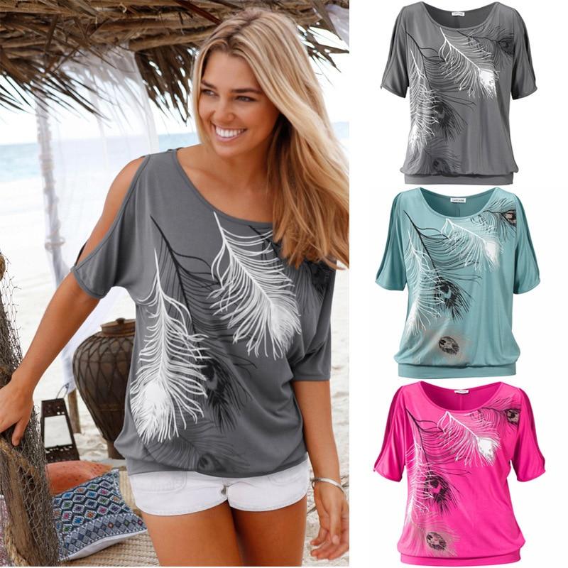 Slit Sleeve Cold Shoulder Feather Print Women Casual Summer T Shirt Girl Tee Tshirt Loose Top T-Shirt - GoJohnny437