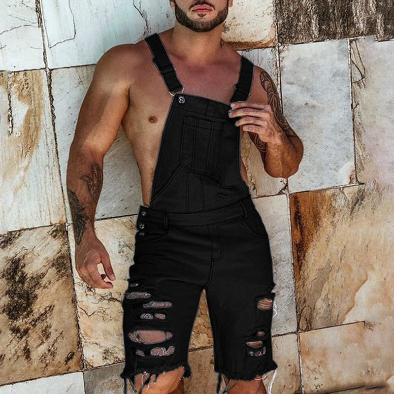 Summer Men's Overalls Solid Color Ripped Denim Shorts Slim Fit Overalls Casual Pants - GoJohnny437