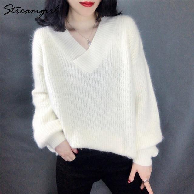 Sweater Women Oversize Warm Pullovers Sweater Fall White V Neck Women's Sweaters And Jumper - GoJohnny437