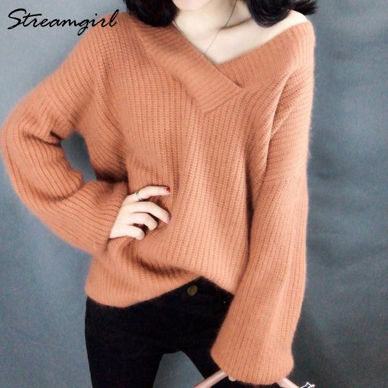 Sweater Women Oversize Warm Pullovers Sweater Fall White V Neck Women's Sweaters And Jumper - GoJohnny437