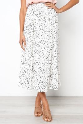 White Dots Floral Print Pleated Midi Skirt Women Elastic High Waist Side Pockets Skirts Summer Elegant Female Bottom - GoJohnny437