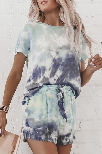 Women Casual Loose Tie Dye Colorful Clothing Sets Lady Short Sleeve Pullover Crew Neck Top + High Waist Drawstring Shorts - GoJohnny437