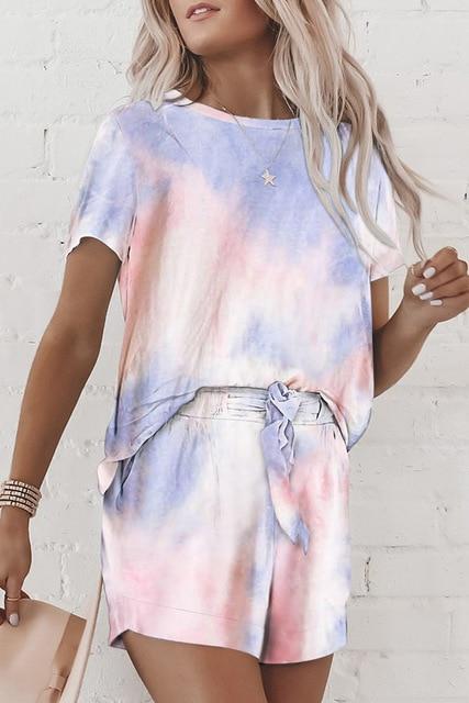 Women Casual Loose Tie Dye Colorful Clothing Sets Lady Short Sleeve Pullover Crew Neck Top + High Waist Drawstring Shorts - GoJohnny437