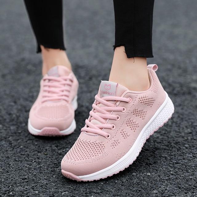 Women Casual Shoes Fashion Breathable Walking Mesh Lace Up Flat Shoes Sneakers Women Pink Black White - GoJohnny437