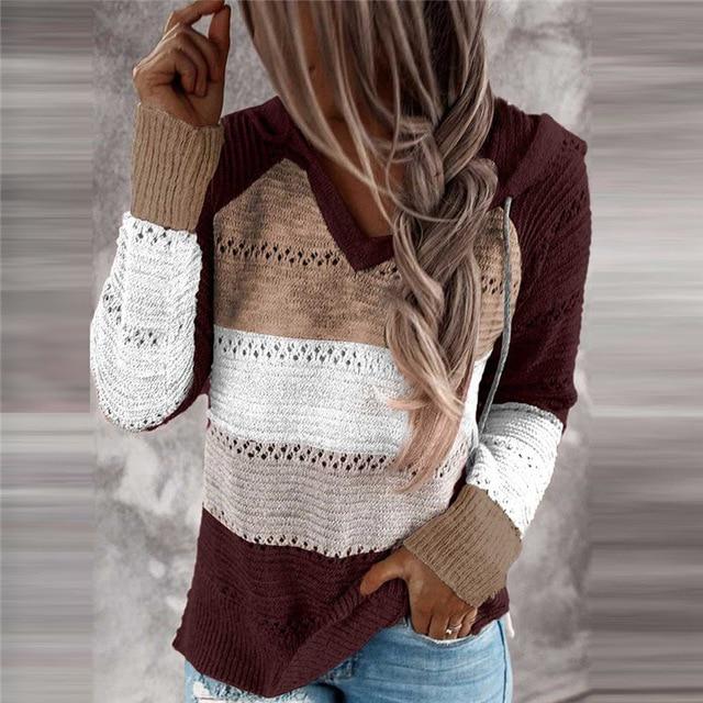 Women Knitted Hoodies Autumn Striped Hooded Sweatshirt Casual Patchwork V-Neck Long Sleeve Plus Size Female Hoody Pullover Tops - GoJohnny437