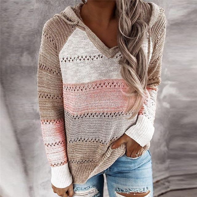 Women Knitted Hoodies Autumn Striped Hooded Sweatshirt Casual Patchwork V-Neck Long Sleeve Plus Size Female Hoody Pullover Tops - GoJohnny437