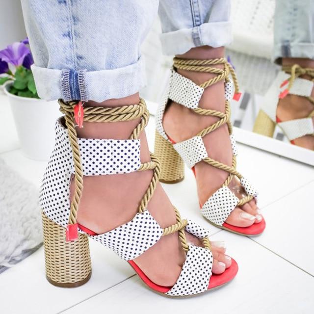 Women Pumps Lace Up High Heels Women Gladiator Sandals For Party Wedding Shoes Woman Summer Sandals Thick Heels - GoJohnny437