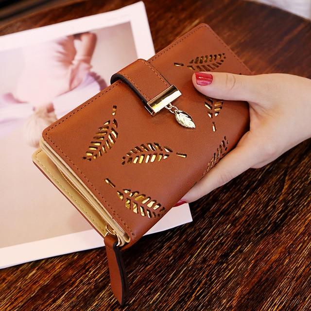 Women Wallet PU Leather Purse Female Long Wallet Gold Hollow Leaves Pouch Handbag For Women Coin Purse Card Holders Clutch - GoJohnny437