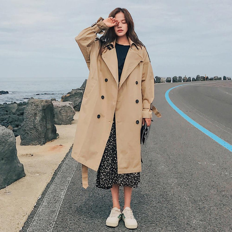 Womens Trench Coat Long Double-Breasted Belt Blue Khaki Lady Clothes Autumn Spring Outerwear Oversize Quality - GoJohnny437