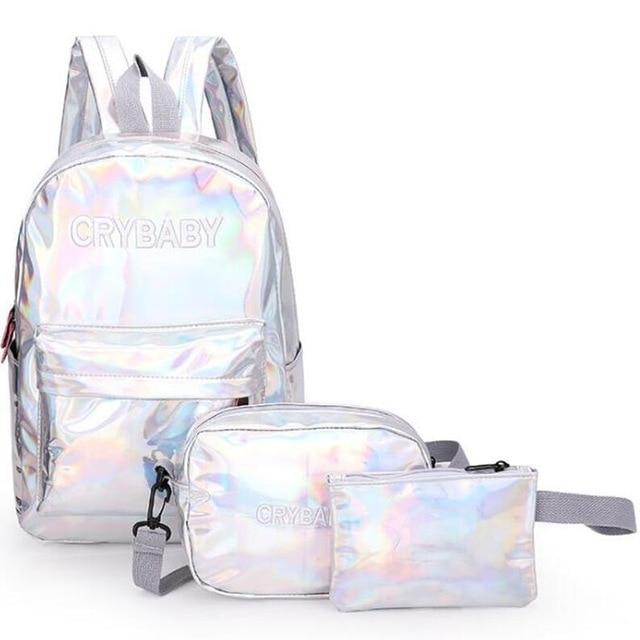 Yogodlns 2020 Holographic Laser Backpack Embroidered Crybaby Letter Hologram Backpack set School Bag +shoulder bag +penbag 3pcs - GoJohnny437